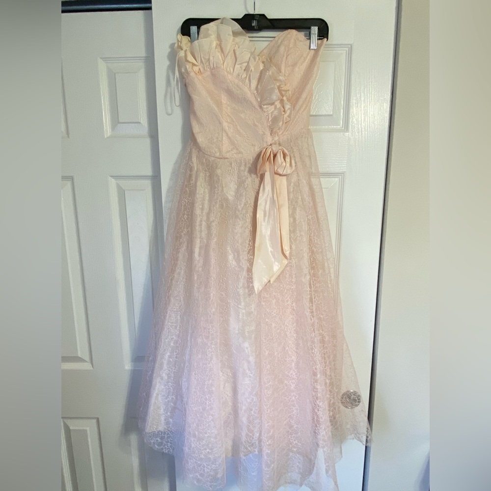 Pink, lace strapless vintage prom dress